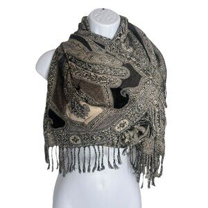 Women's Paisley Patterned Black Gray Rectangle Reversible Scarf Fringe 78 in